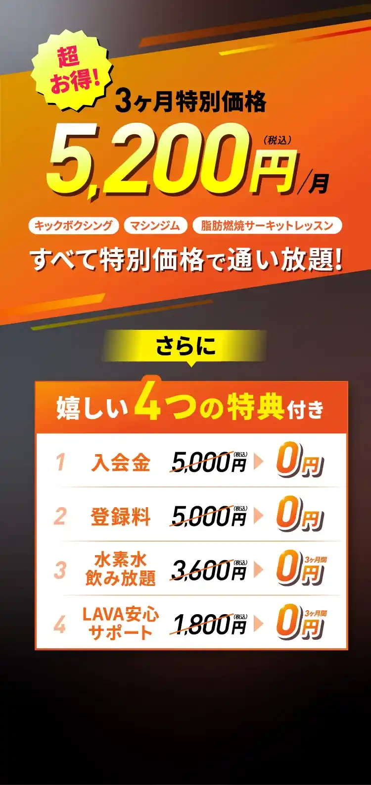 3ヶ月特別価格 月5,200円（税込）キックボクシング マシンジム 脂肪燃焼サーキットレッスン すべて特別価格で通い放題!