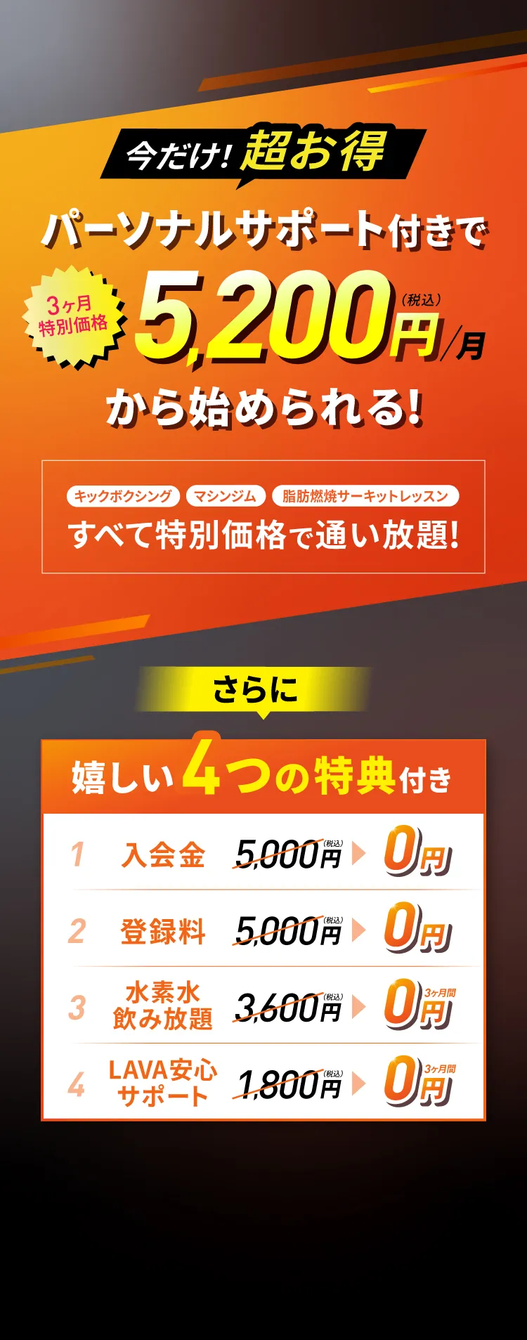3ヶ月特別価格 月5,200円（税込）キックボクシング マシンジム 脂肪燃焼サーキットレッスン すべて特別価格で通い放題!