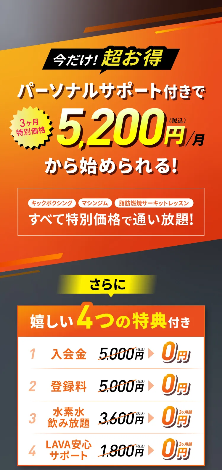 3ヶ月特別価格 月5,200円（税込）キックボクシング マシンジム 脂肪燃焼サーキットレッスン すべて特別価格で通い放題!