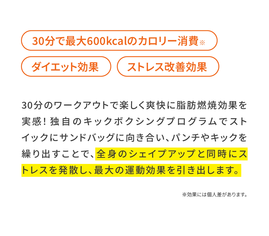 30分のワークアウトで楽しく爽快に脂肪燃焼効果を実感！独自のキックボクシングプログラムでストイックにサンドバッグに向き合い、パンチやキックを繰り出すことで、全身のシェイプアップと同時にストレスを発散し、最大の運動効果を引き出します。※効果には個人差があります。