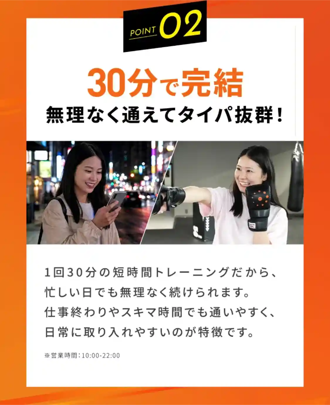 point2 30分で完結 無理なく通えてタイパ抜群！ 1回30分の短時間トレーニングだから、忙しい日でも無理なく続けられます。仕事終わりやスキマ時間でも通いやすく、日常に取り入れやすいのが特徴です。※営業時間：10:00-22:00 